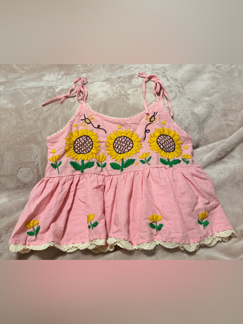 Pink Sunflower 🌻 Fully Embroidered Tie-Strap Adjustable Top